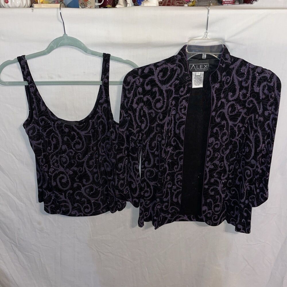 Alex Evenings Women’s Camisole & Open Shacket Size Small Purple Black Floral Fun